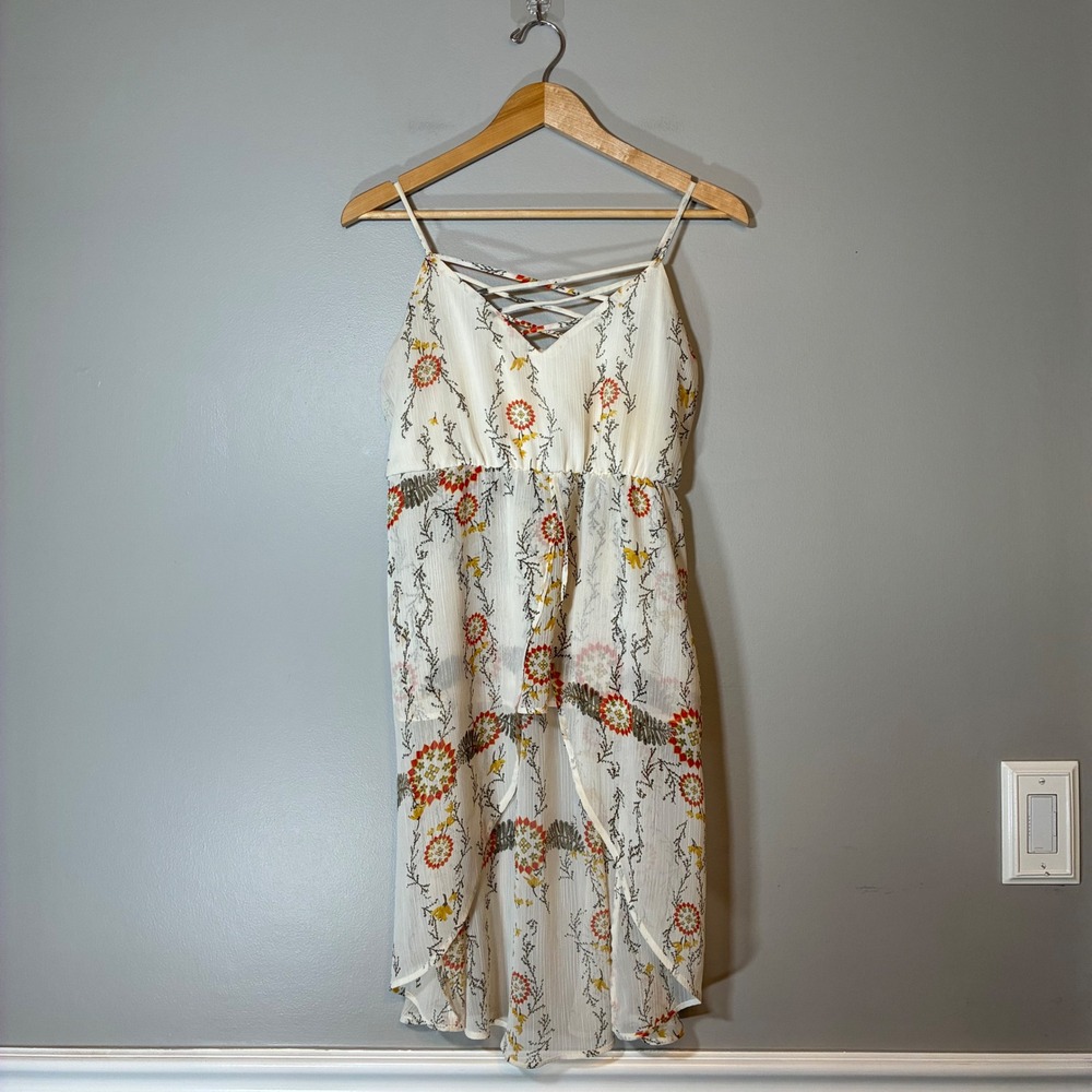 Maurices Floral High-Low Chiffon Dress Cream Boho Strappy V-Neck Large